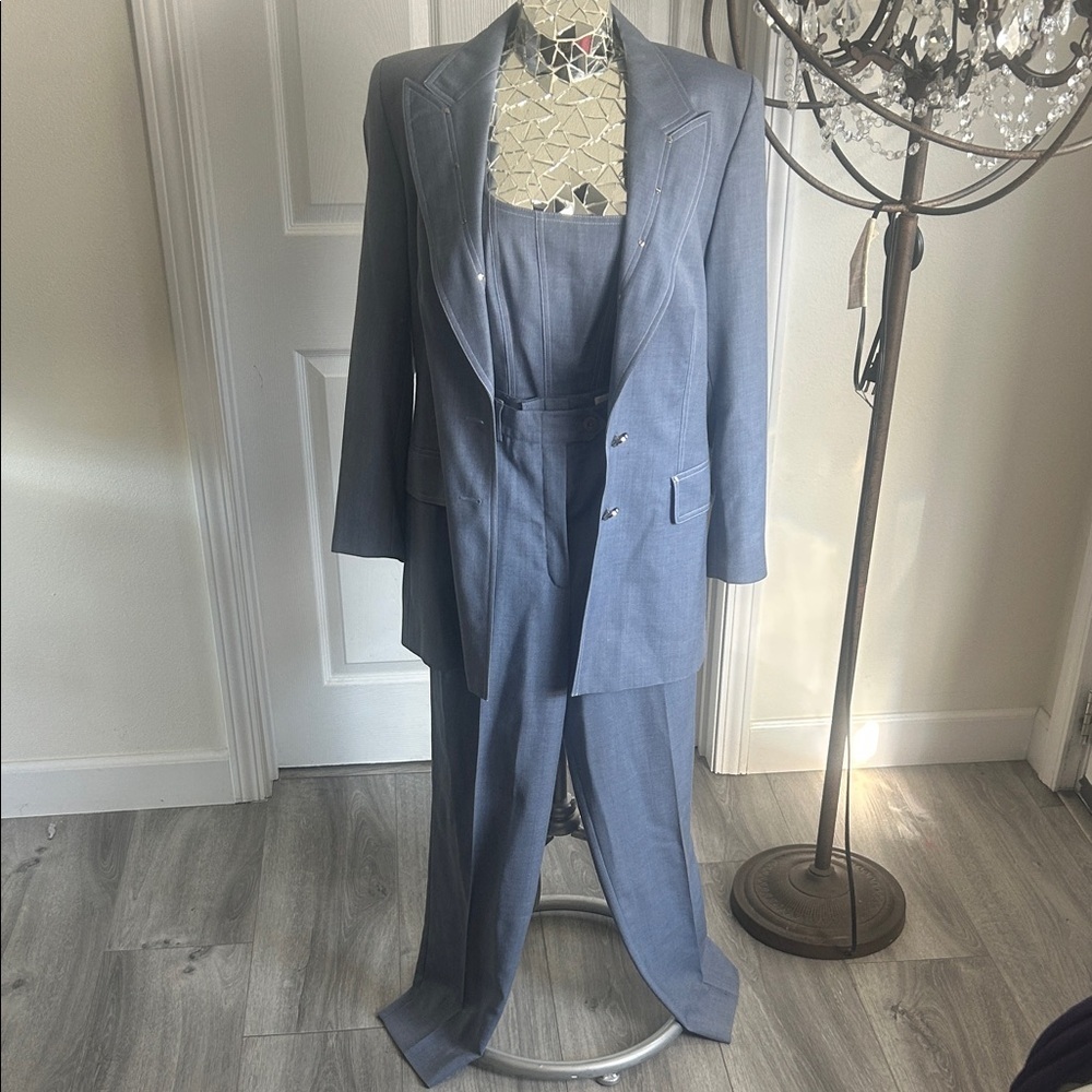 ESCADA By Margaretha Ley Blue Gray Wool 3 Pc Pant Suit Set, 36/US S -B123